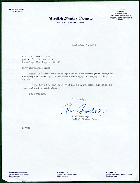 Bill Bradley Signed Letter