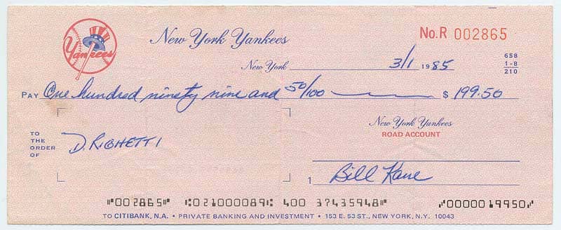 Dave Righetti Endorsed NY Yankees Paycheck