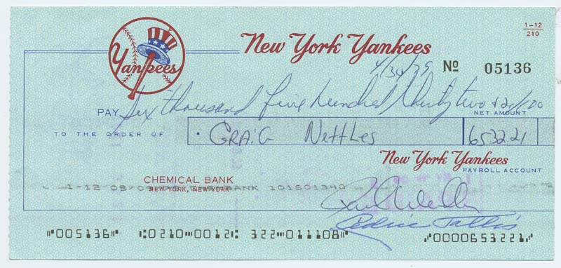 Graig Nettles Endorsed NY Yankees Payroll Check