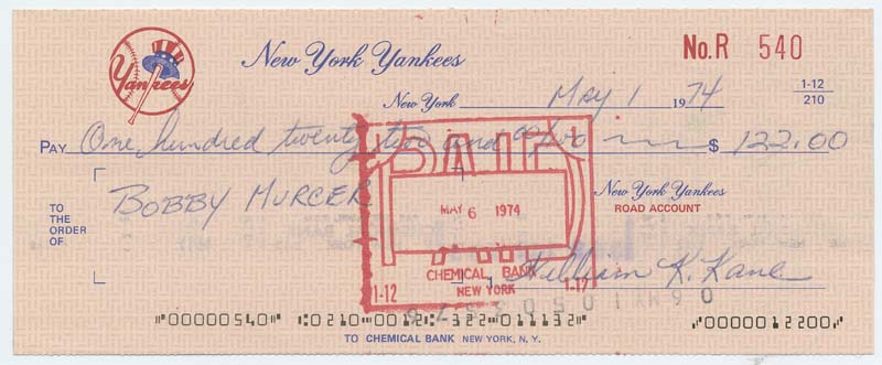 Bobby Murcer Endorsed NY Yankees Payroll Check