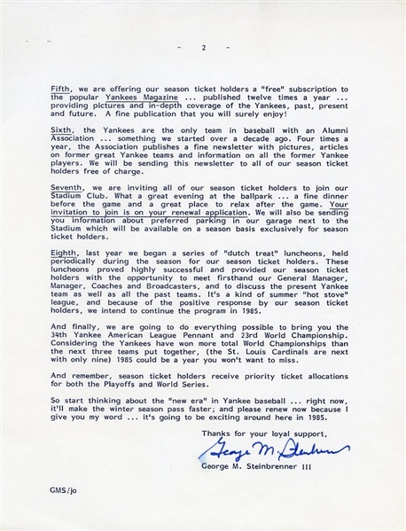 George Steinbrenner Signed New York Yankees Letter