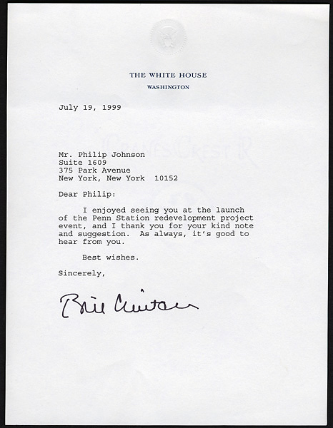 President Bill Clinton Signed Letter to Philip Johnson on White House Stationery