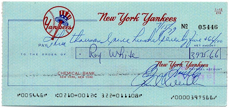 Roy White Endorsed NY Yankees Paycheck