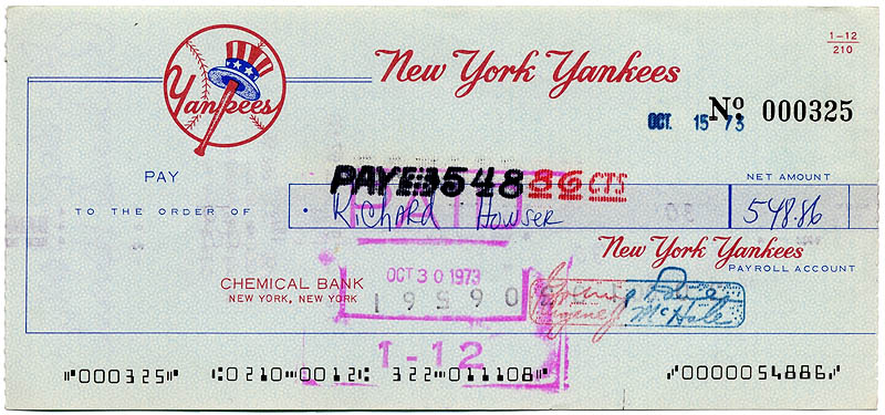 Dick Howser Endorsed NY Yankees Paycheck