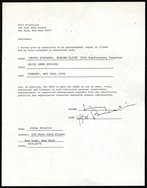 Original Jimmy Breslin Signed Contract