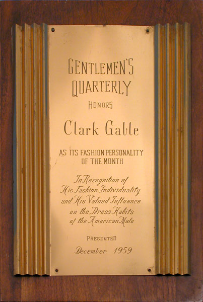 Clark Gable's 1959 Gentlemens Quarterly Award and Original Photograph