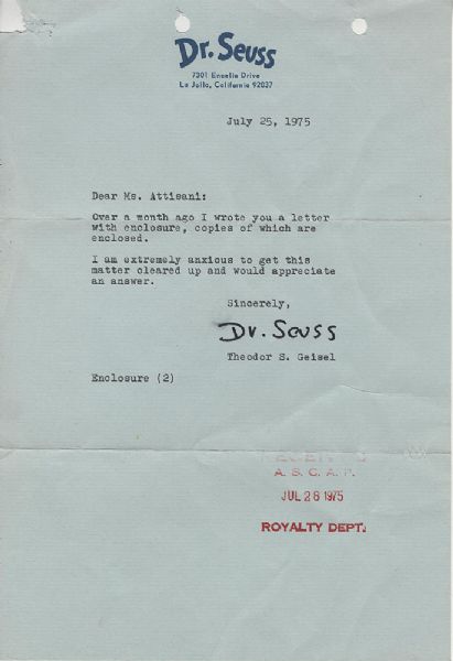 Theodor S. Geisel (Dr. Seuss) Signed Letter