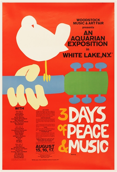 1969 Woodstock Festival Poster Scarce First Printing (24 X 36.5)