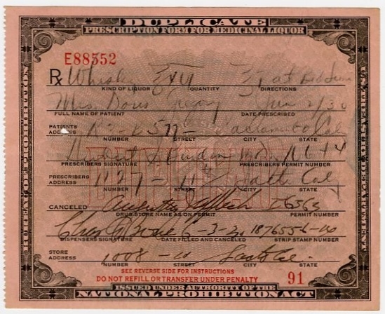 Original 1930 Prescription For Whiskey From Prohibition