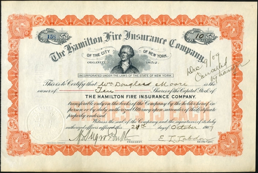 1907 The Hamilton Fire Insurance Company Stock Certificate