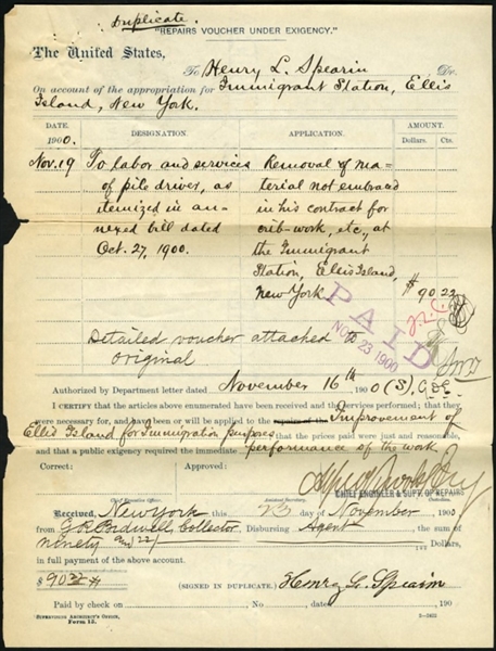 1900 Ellis Island Original Handwritten and Signed Construction Voucher 