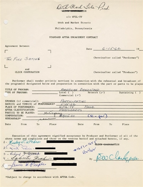 The Five Satins & Dick Clark Signed '62 American Bandstand Contract