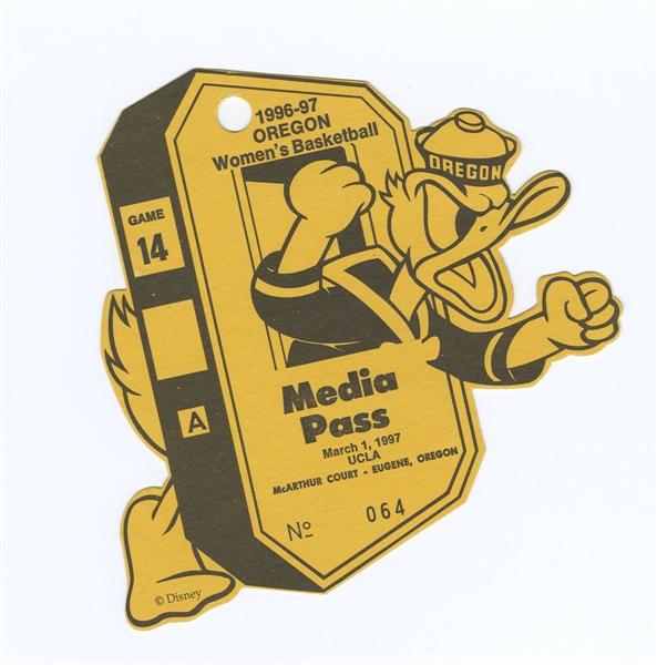 1996-97 Oregon Women's Basketball Cardboard Donald Duck Media Pass